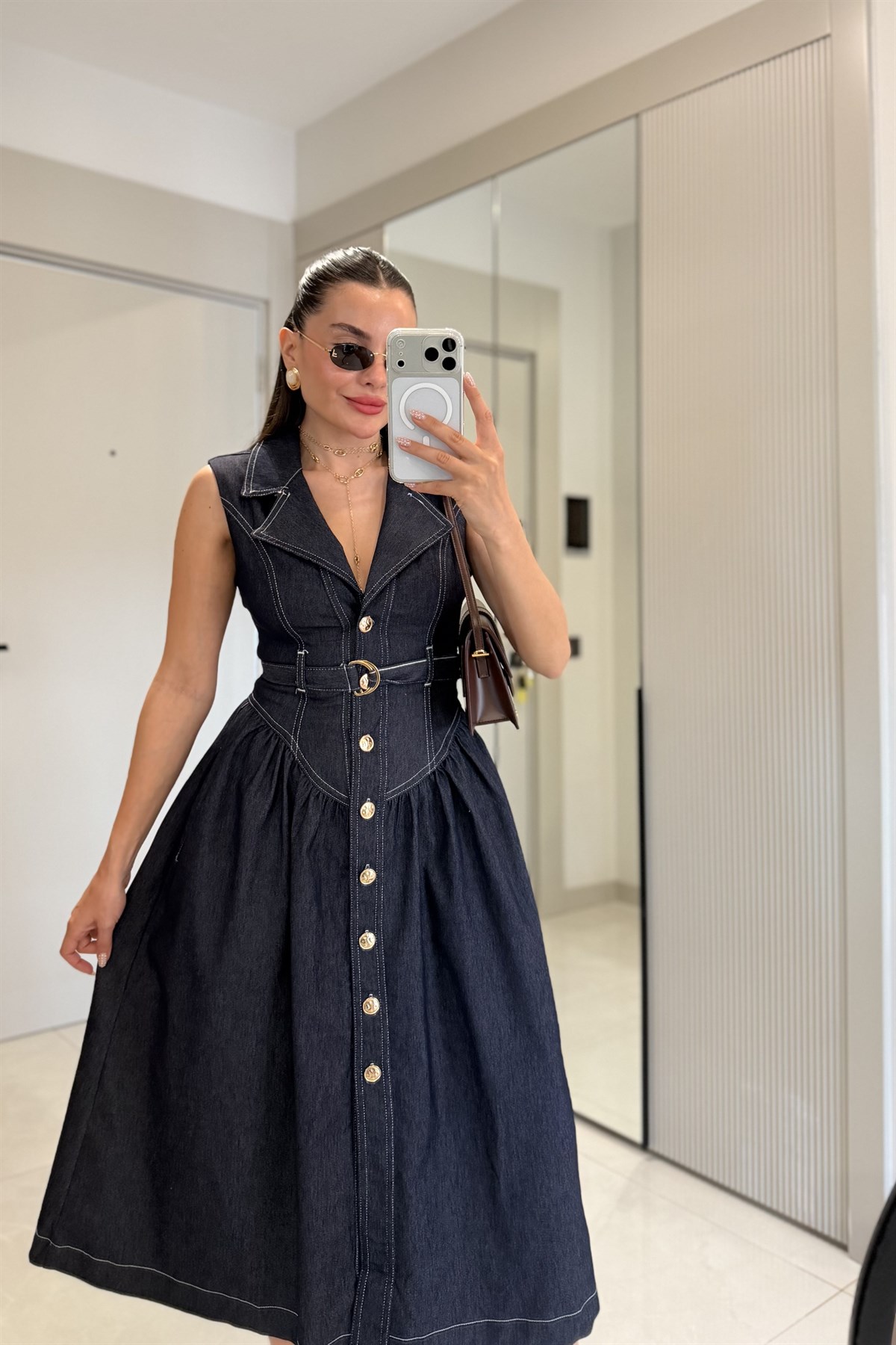 Junior Denim Kloş Etekli Midi Elbise