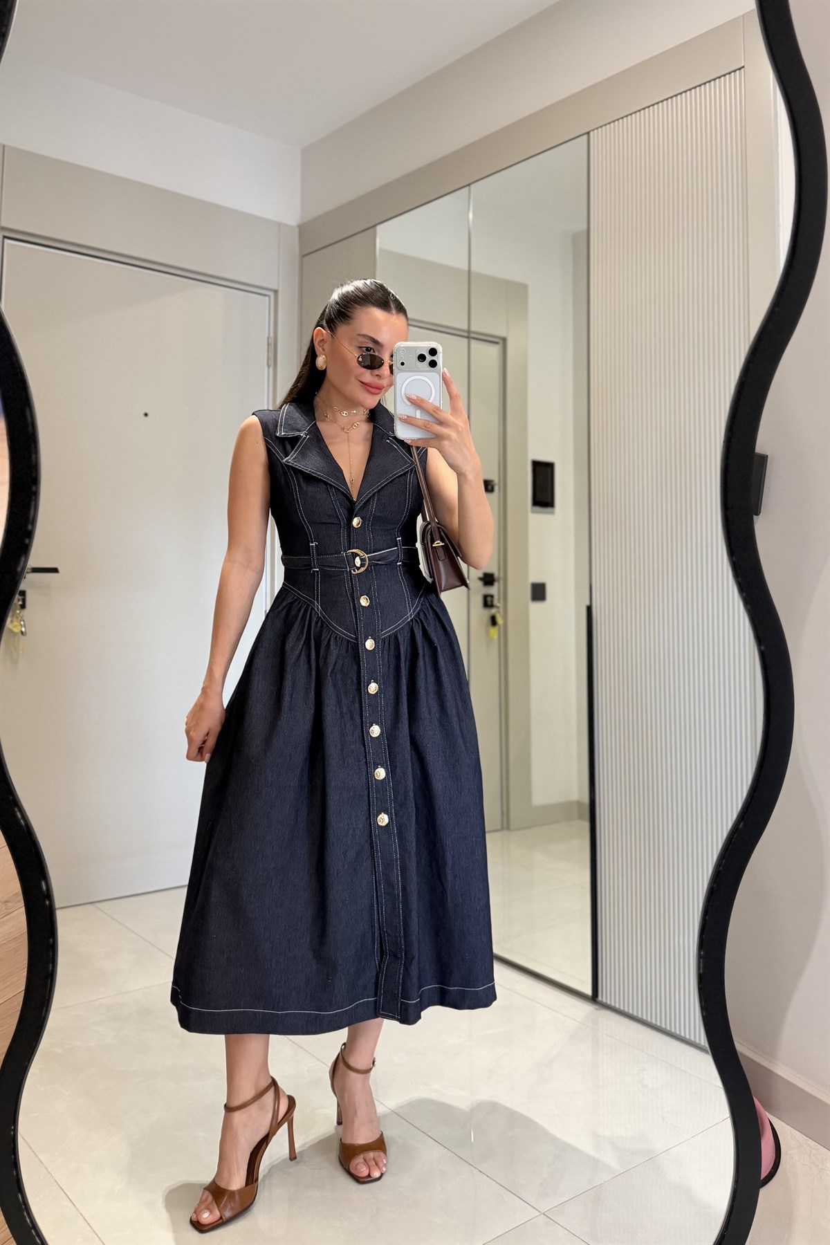 Junior Denim Kloş Etekli Midi Elbise
