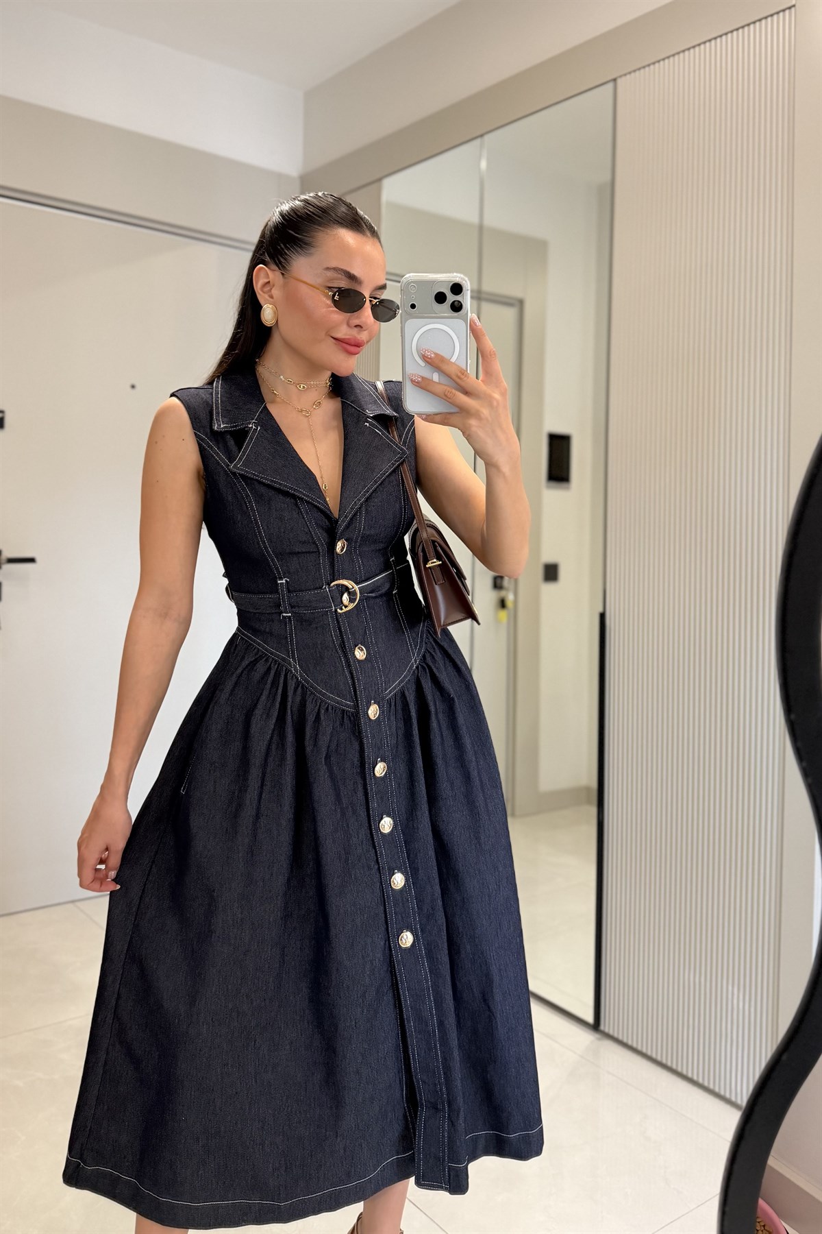 Junior Denim Kloş Etekli Midi Elbise
