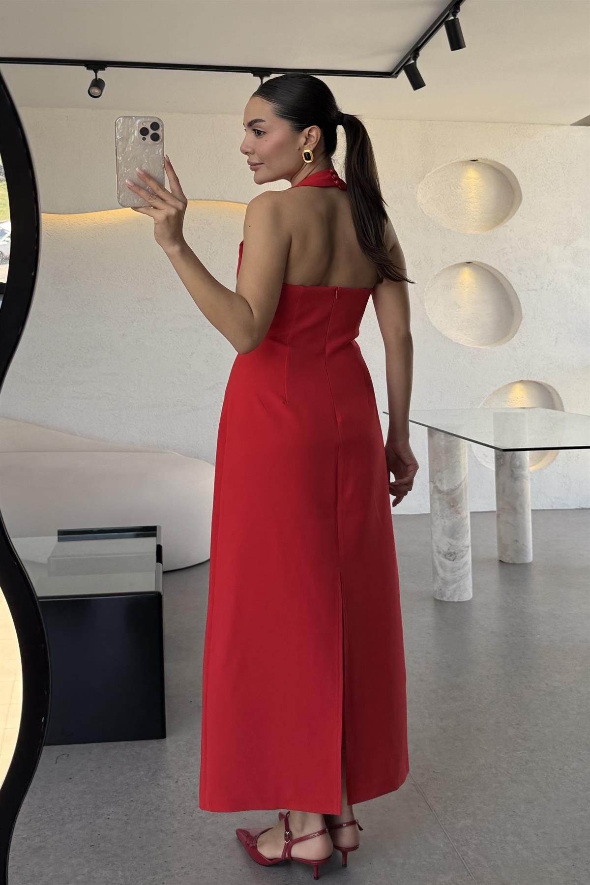 Jupiter Kırmızı Boyun Askılı Krep Elbise