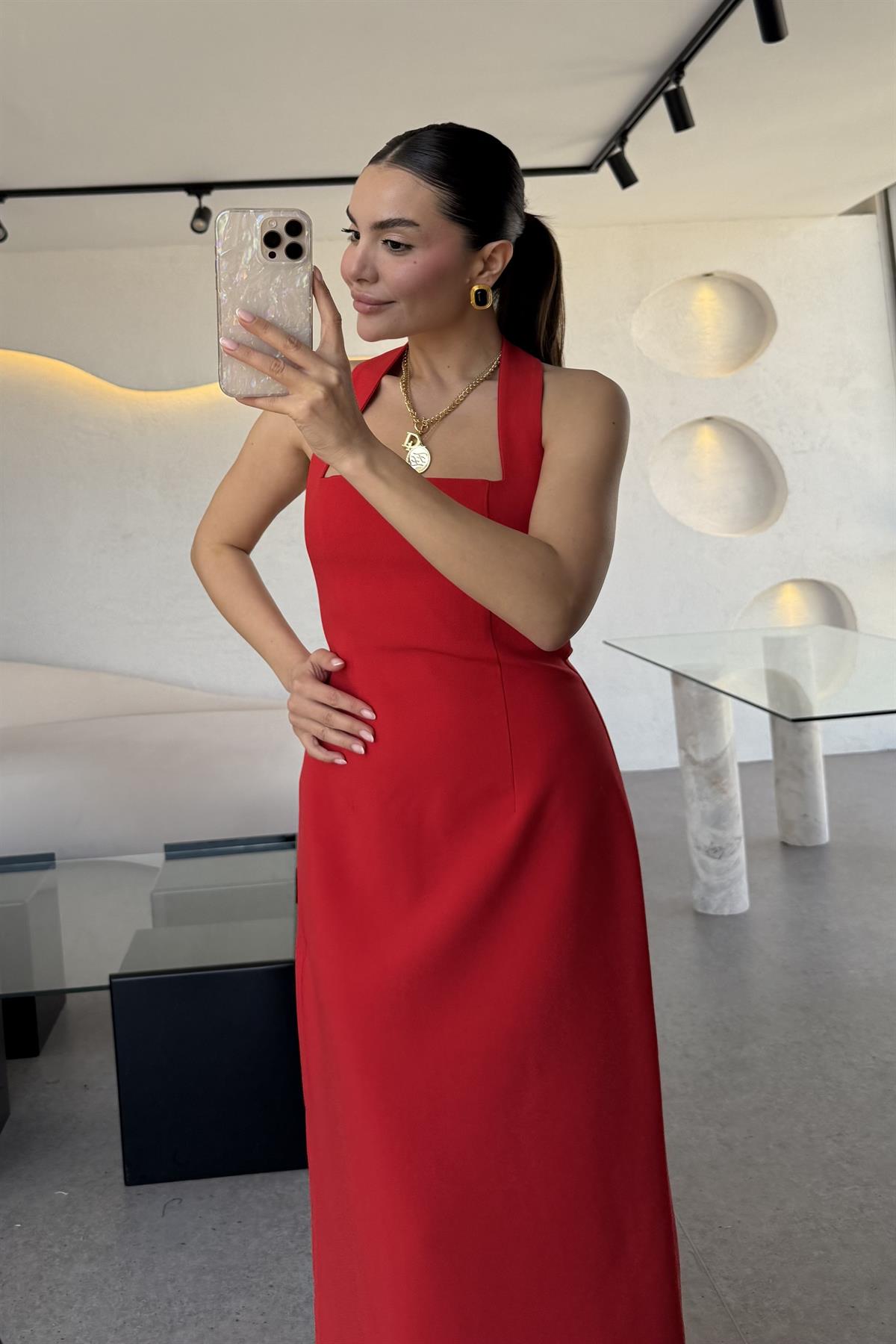 Jupiter Kırmızı Boyun Askılı Krep Elbise