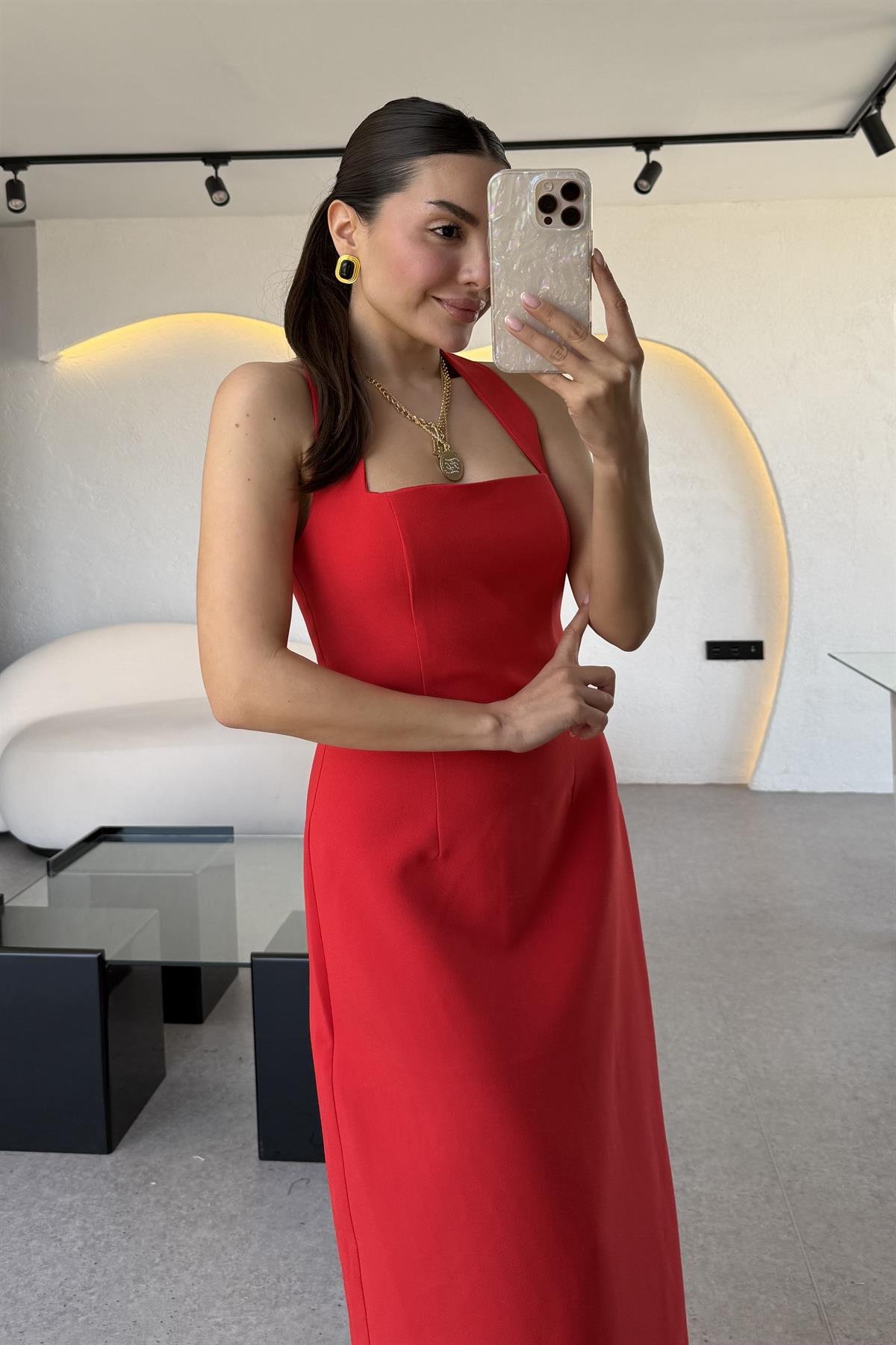 Jupiter Kırmızı Boyun Askılı Krep Elbise