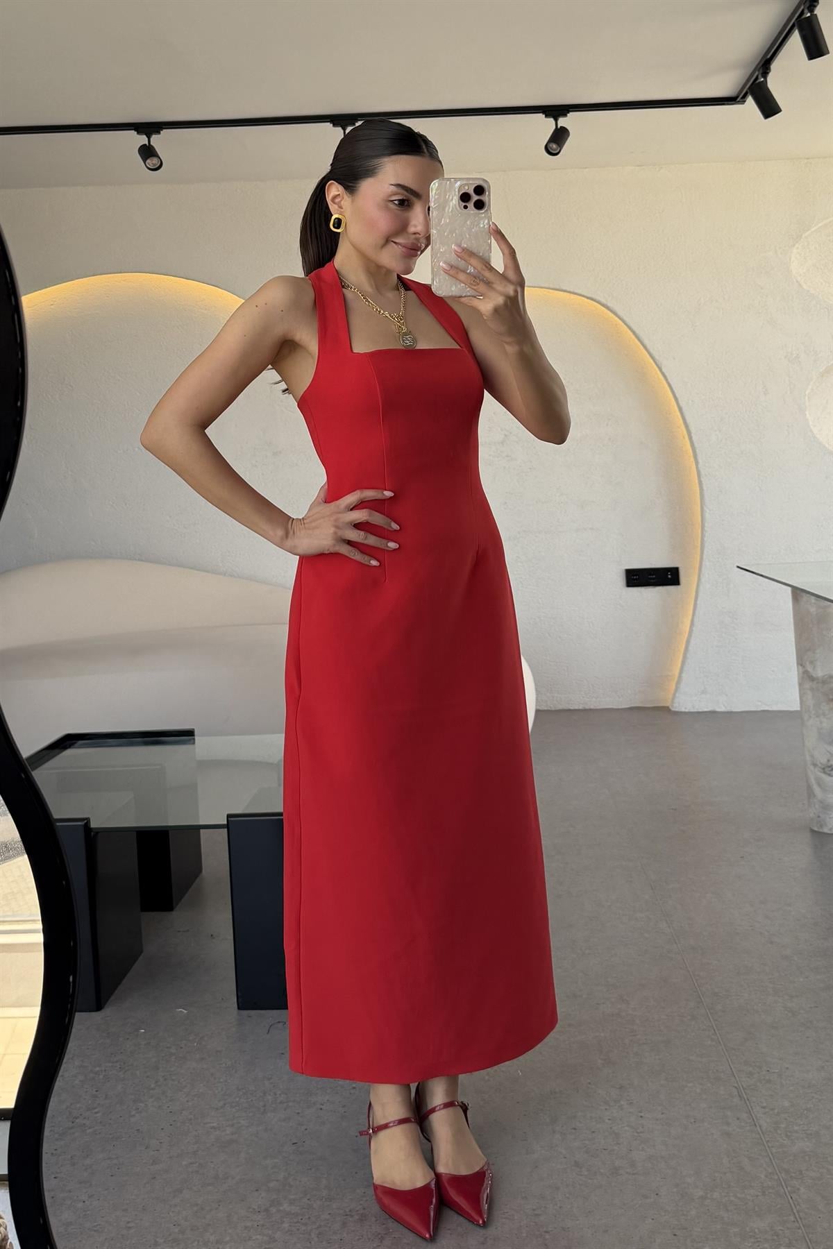 Jupiter Kırmızı Boyun Askılı Krep Elbise