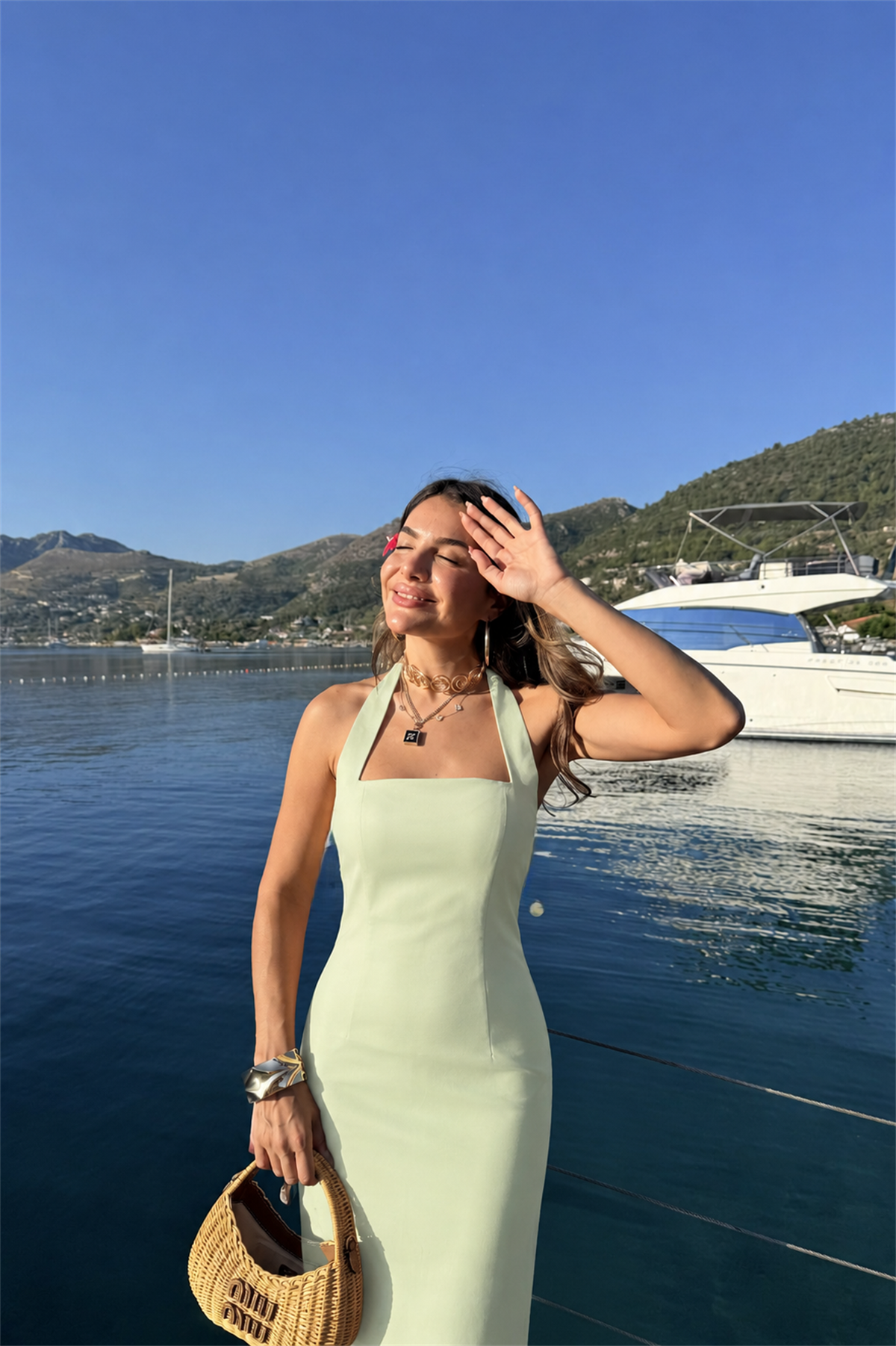 Jupiter Mint Boyun Askılı Krep Elbise