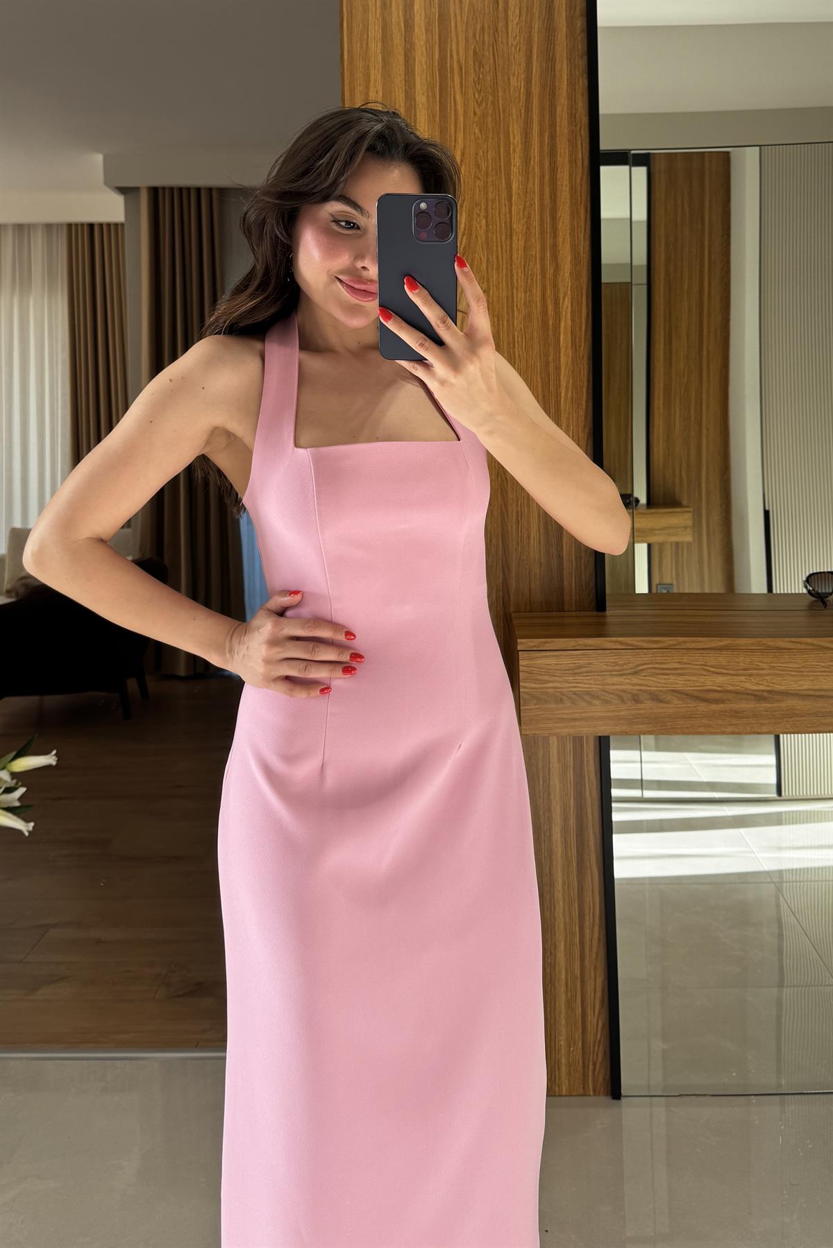 Jupiter Pembe Boyun Askılı Krep Elbise