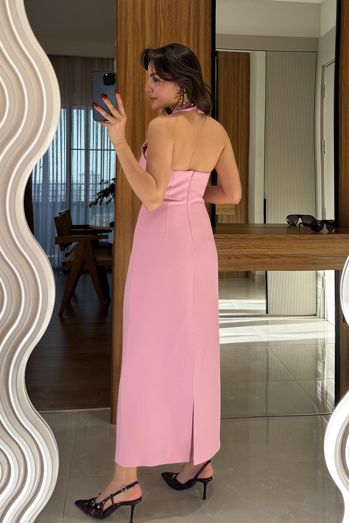 Jupiter Pembe Boyun Askılı Krep Elbise