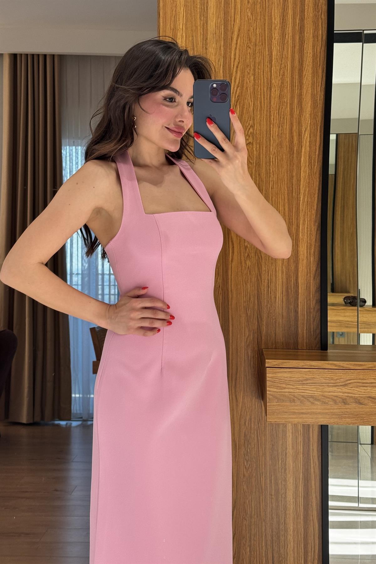 Jupiter Pembe Boyun Askılı Krep Elbise