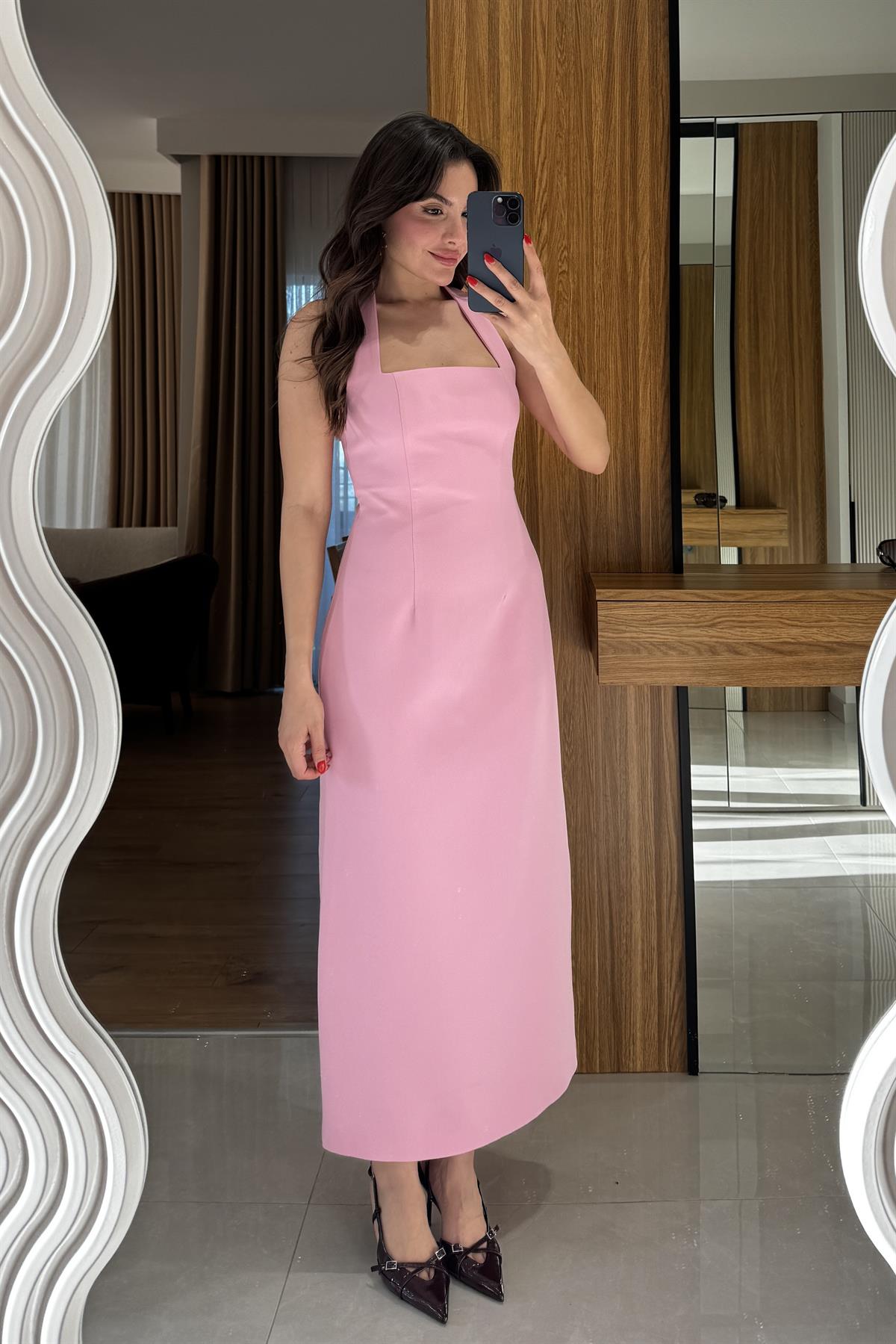 Jupiter Pembe Boyun Askılı Krep Elbise