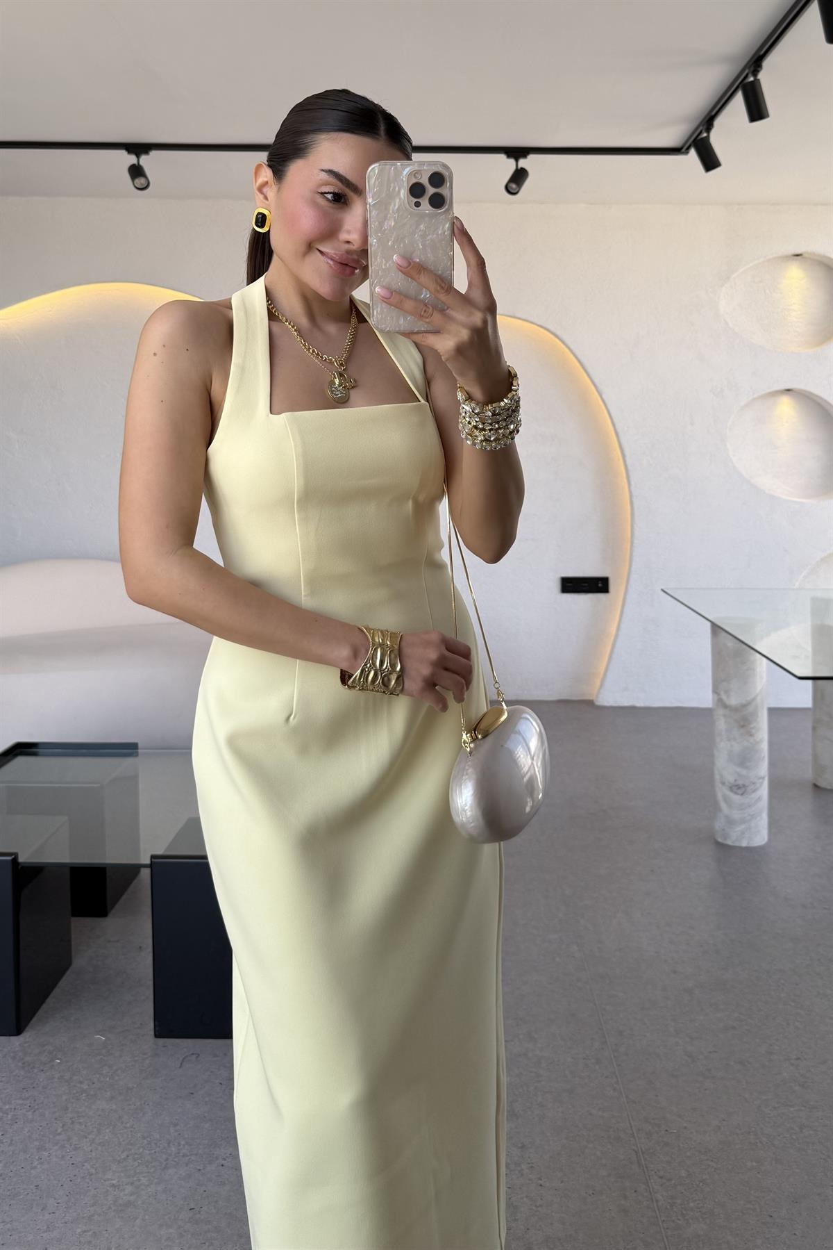 Jupiter Sarı Boyun Askılı Krep Elbise