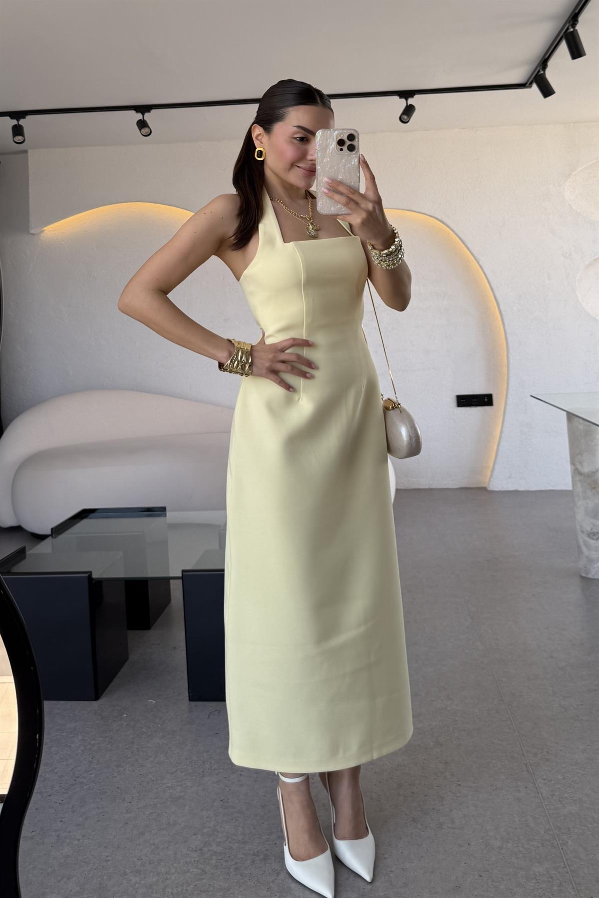 Jupiter Sarı Boyun Askılı Krep Elbise