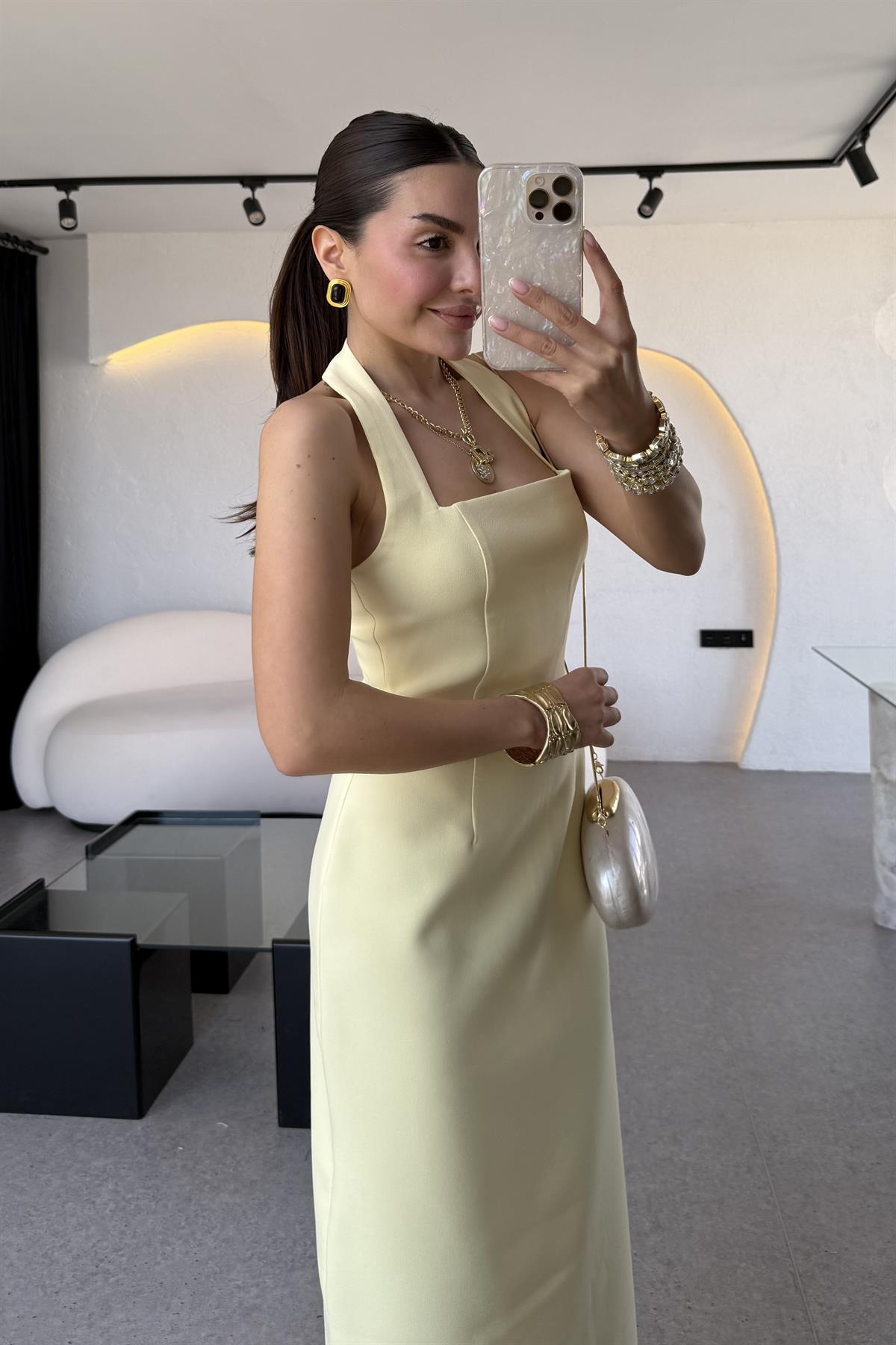 Jupiter Sarı Boyun Askılı Krep Elbise