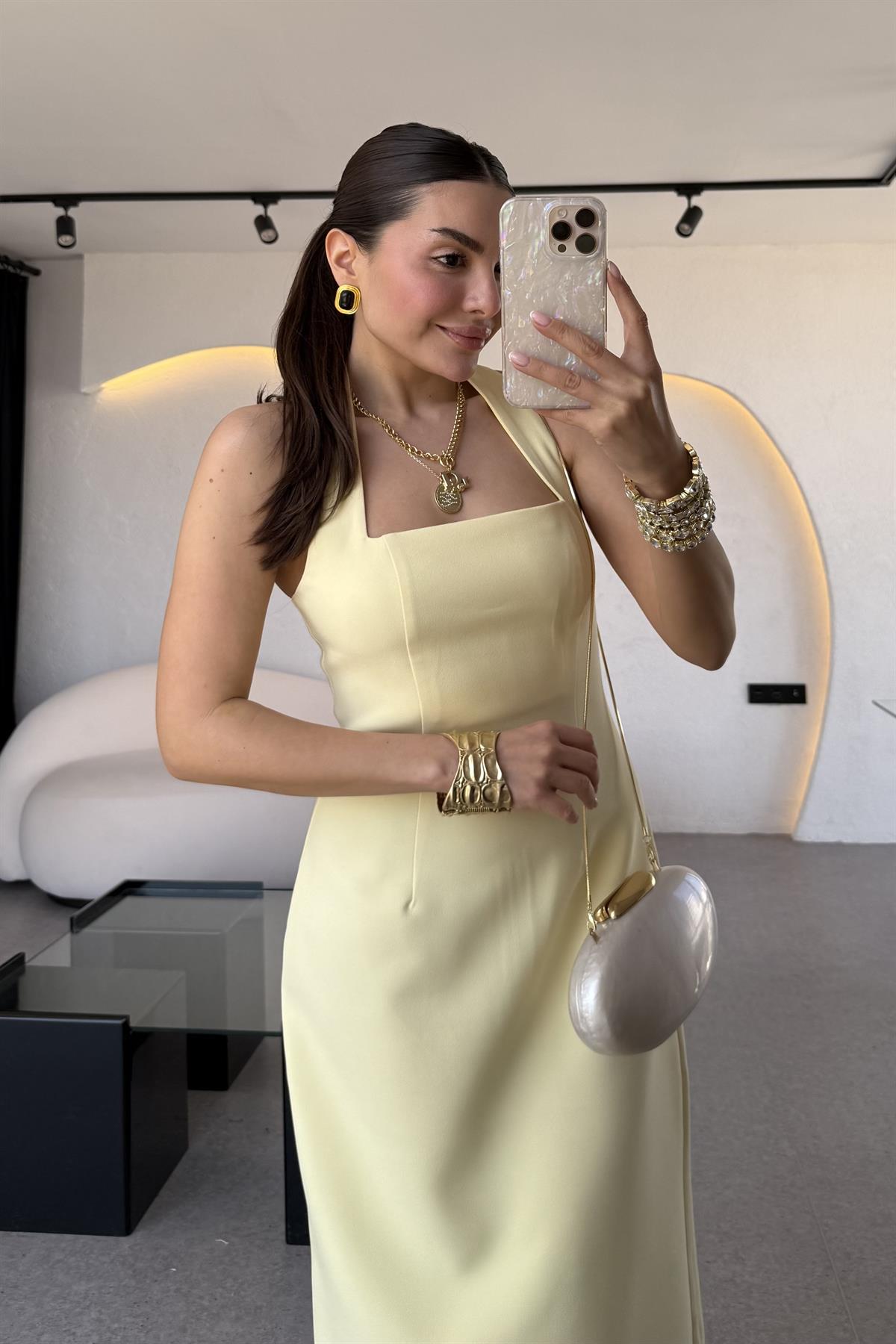 Jupiter Sarı Boyun Askılı Krep Elbise