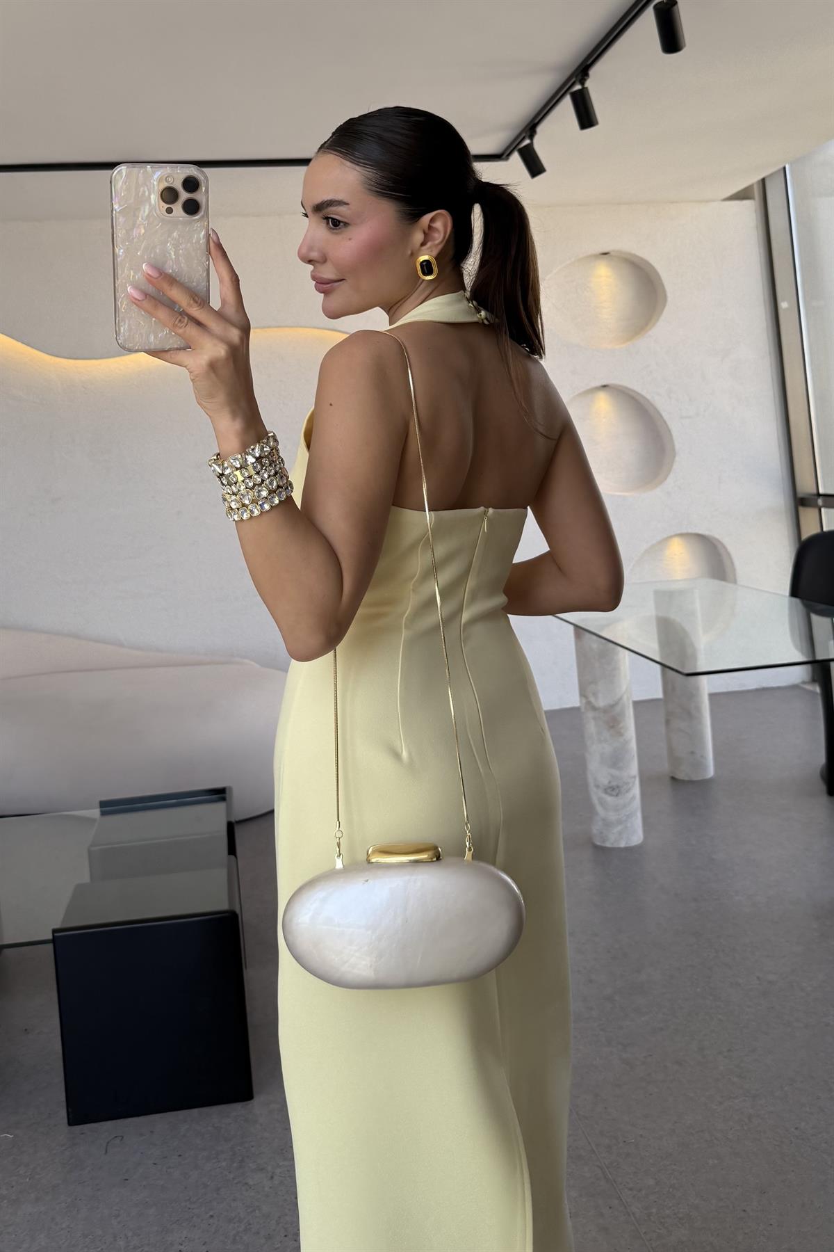 Jupiter Sarı Boyun Askılı Krep Elbise