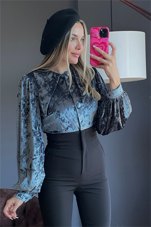 Kadife bebe yaka vintage mavi gömlek