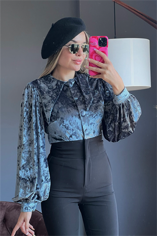 Kadife bebe yaka vintage mavi gömlek