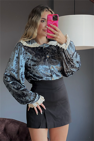 Kadife dantel geçişli vintage mavi gömlek