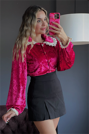 Kadife dantel geçişli vintage pembe gömlek