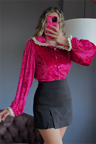 Kadife dantel geçişli vintage pembe gömlek