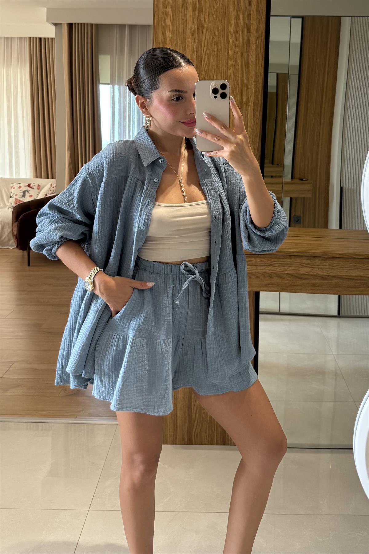 Kaelis Mavi Gömlekli Müslin Takım 