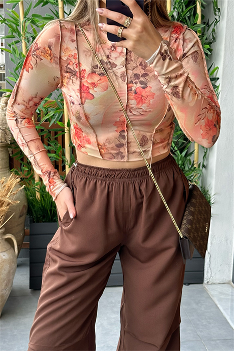 Kahve çiçek desenli dikişli crop