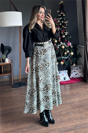 Kahve leopar desenli çan etek