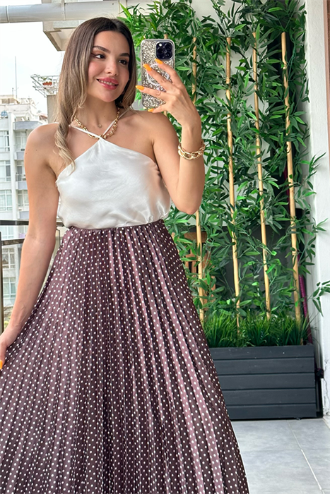 Kahve puantiyeli pileli midi etek