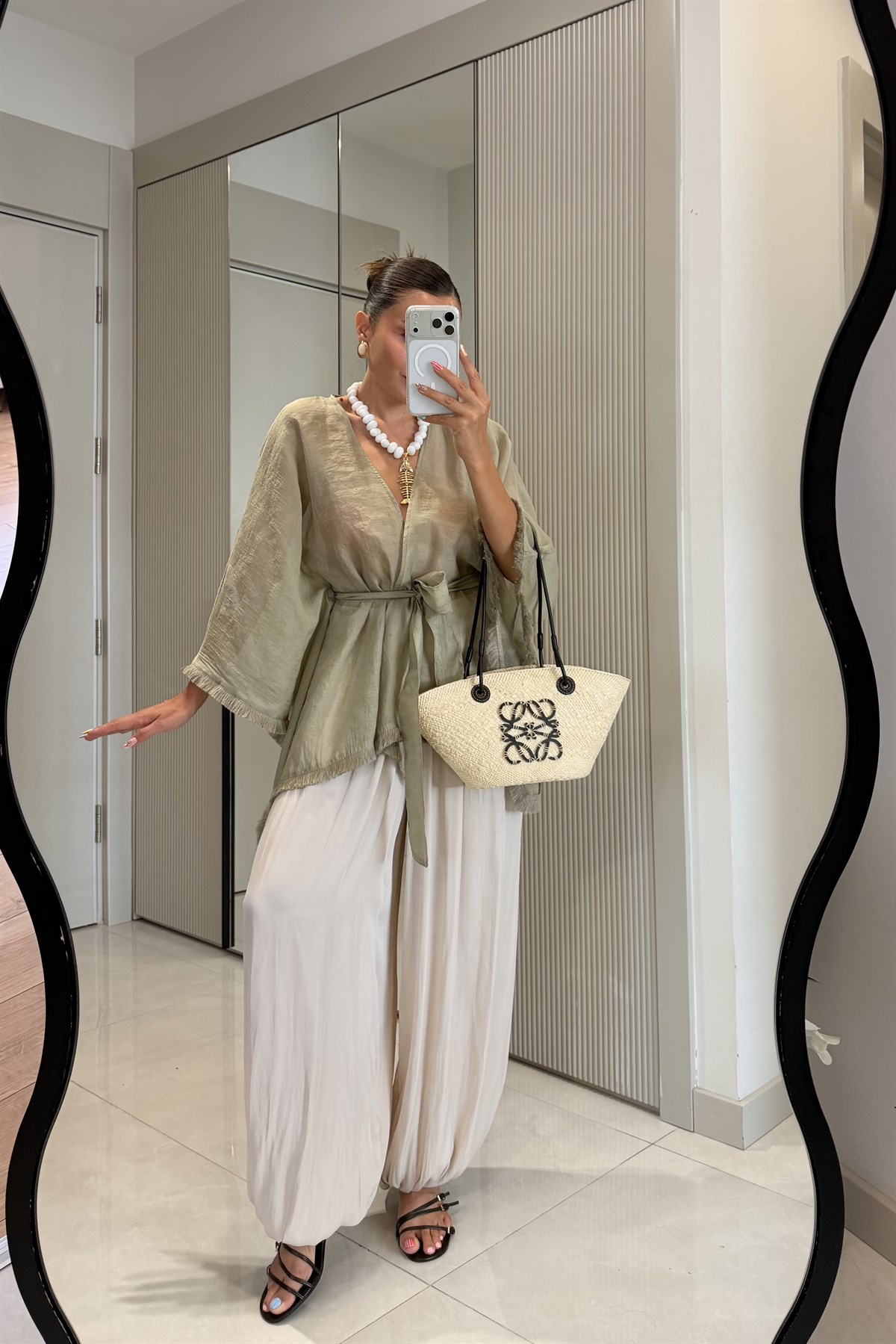 Kalie Haki Kuşaklı Püsküllü Kimono Gömlek