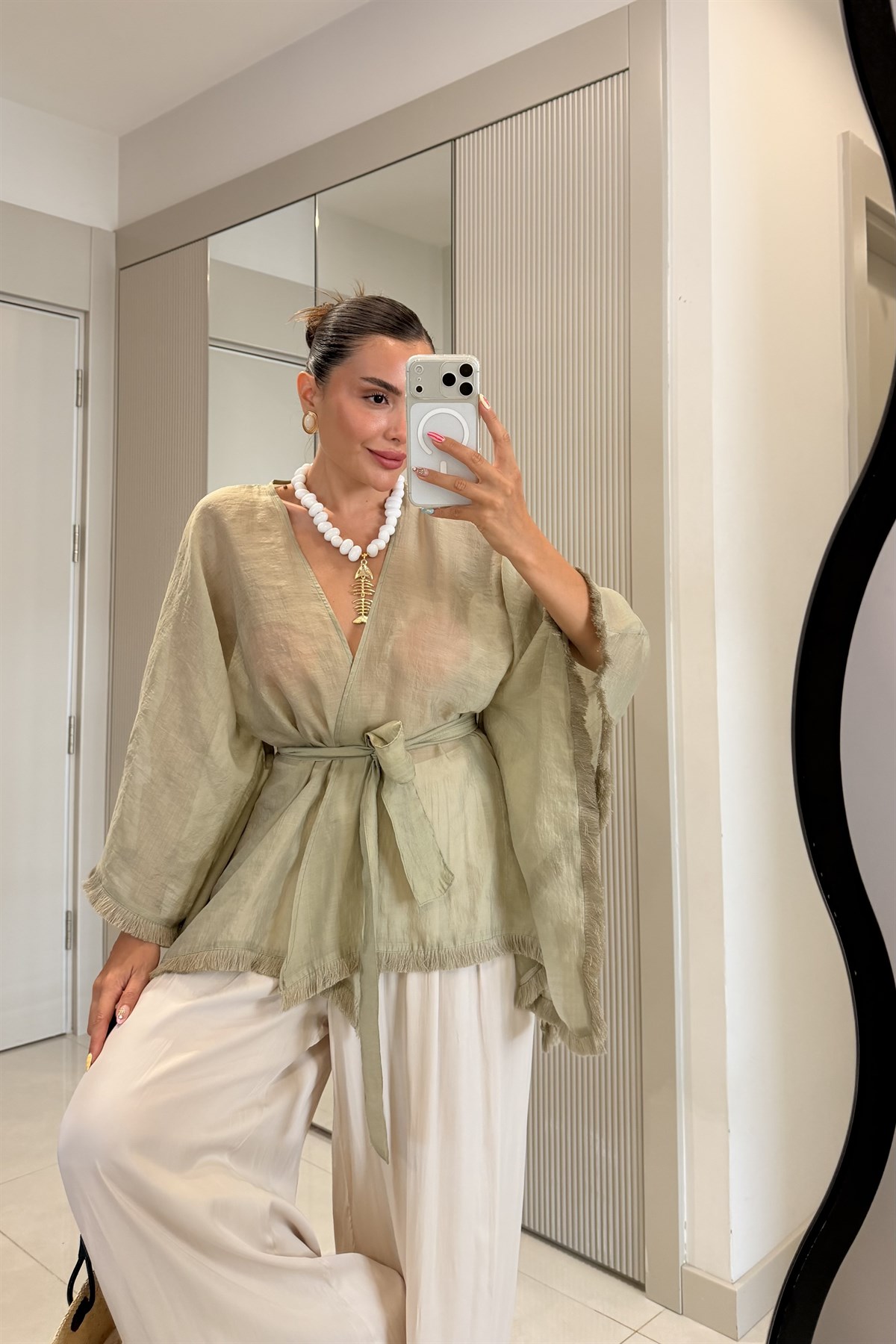 Kalie Haki Kuşaklı Püsküllü Kimono Gömlek
