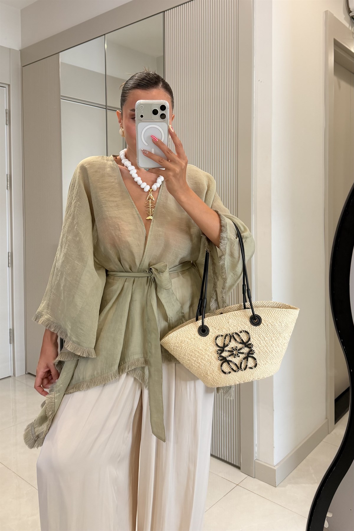 Kalie Haki Kuşaklı Püsküllü Kimono Gömlek