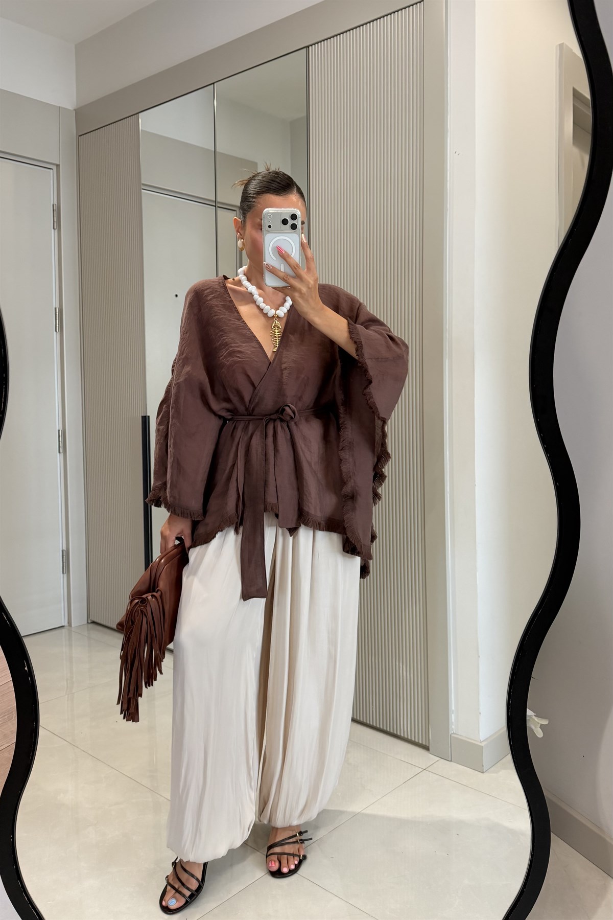 Kalie Kahve Kuşaklı Püsküllü Kimono Gömlek