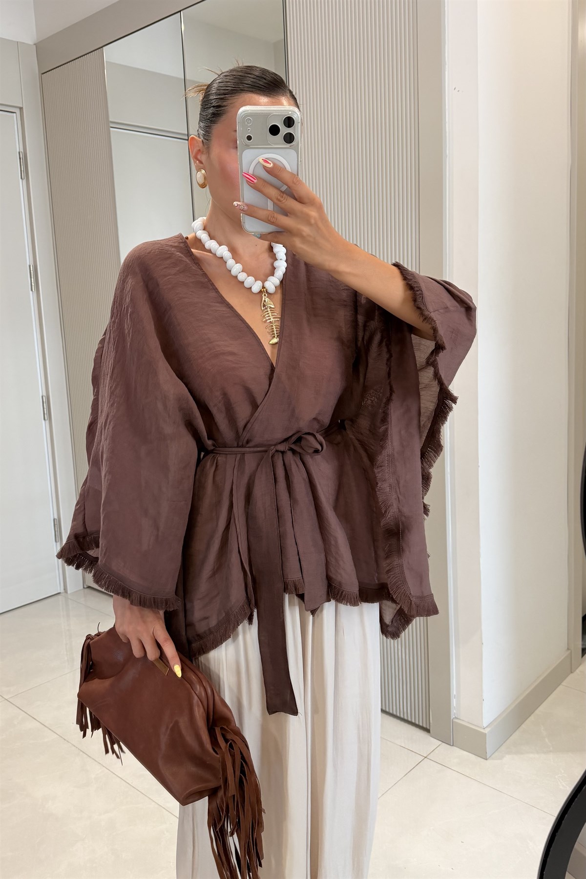 Kalie Kahve Kuşaklı Püsküllü Kimono Gömlek