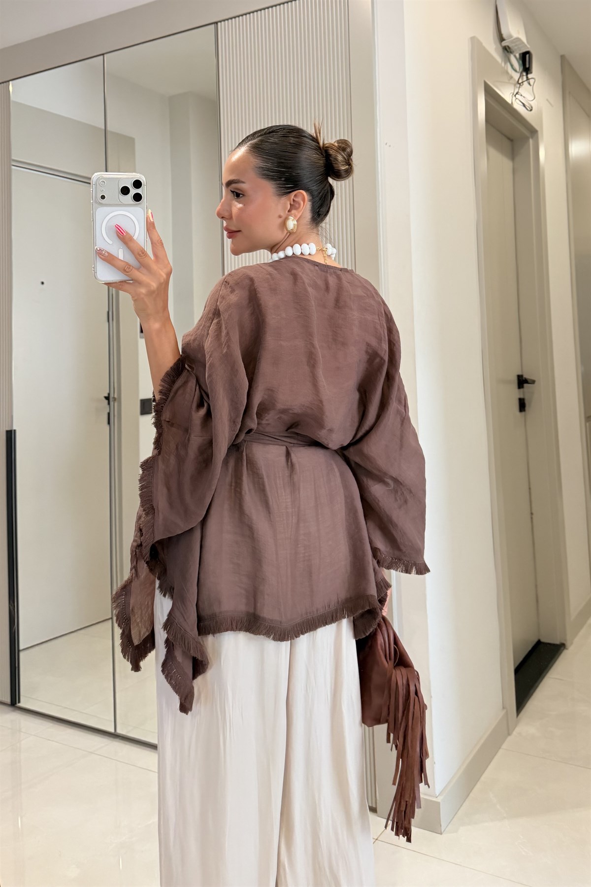 Kalie Kahve Kuşaklı Püsküllü Kimono Gömlek