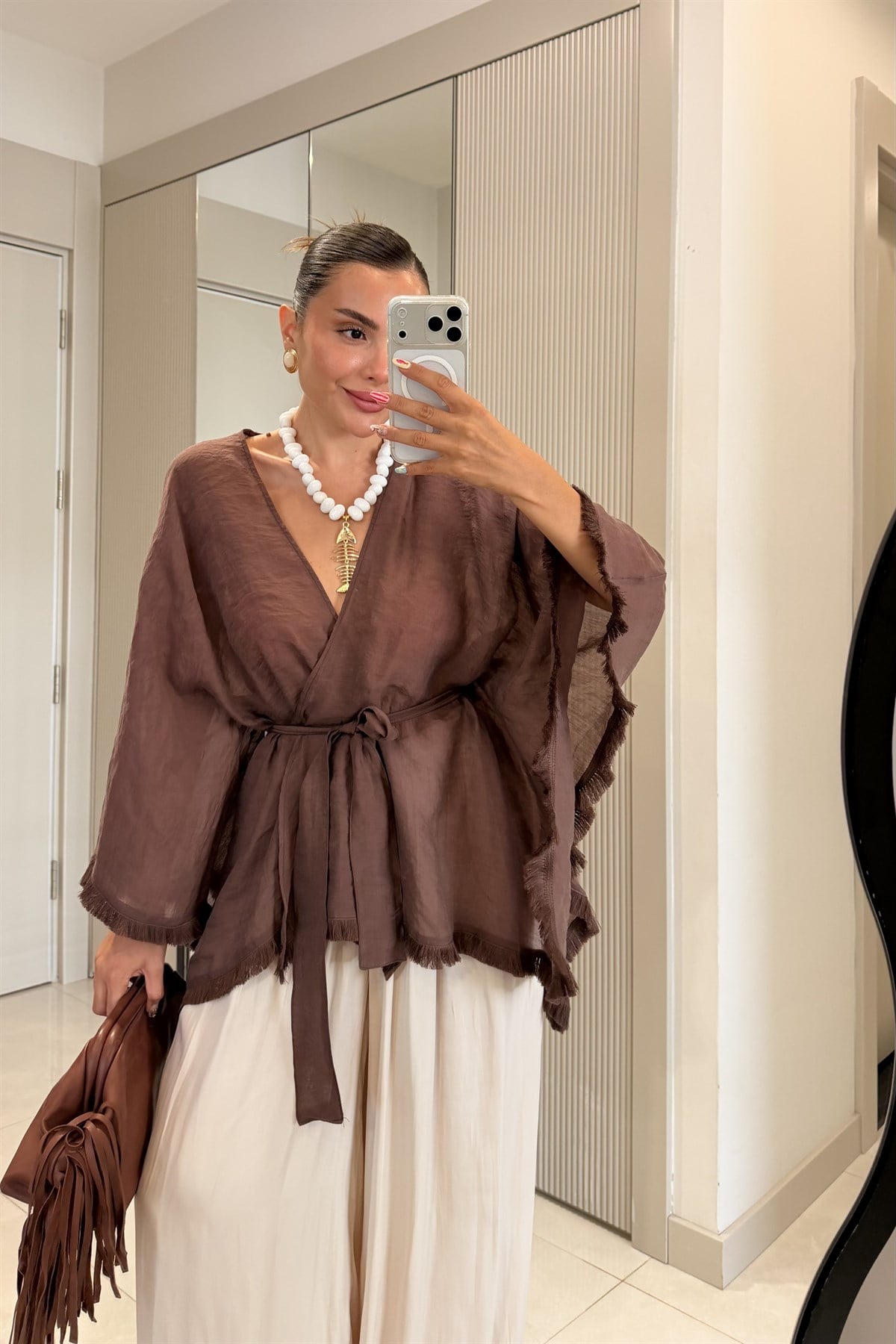Kalie Kahve Kuşaklı Püsküllü Kimono Gömlek