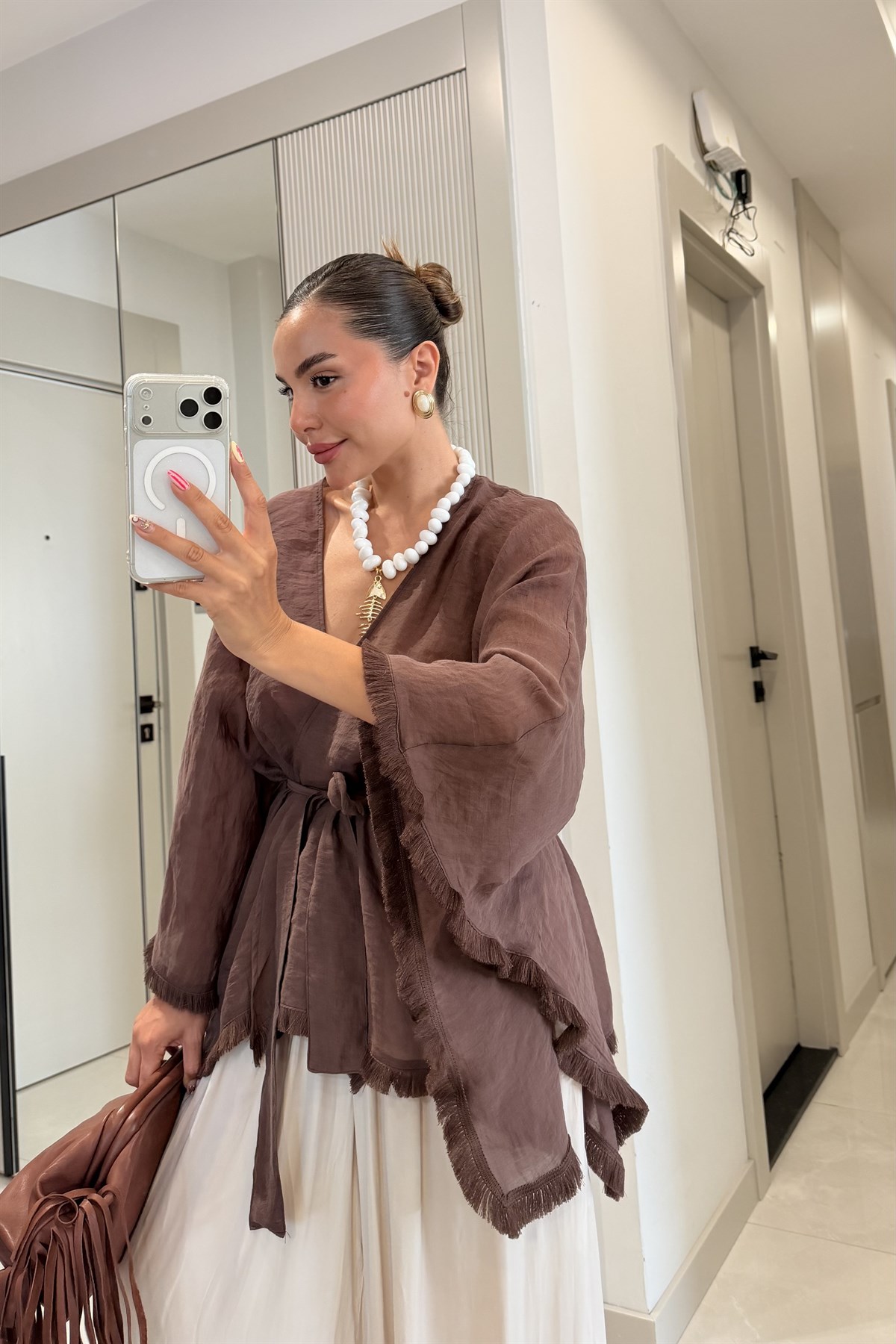 Kalie Kahve Kuşaklı Püsküllü Kimono Gömlek