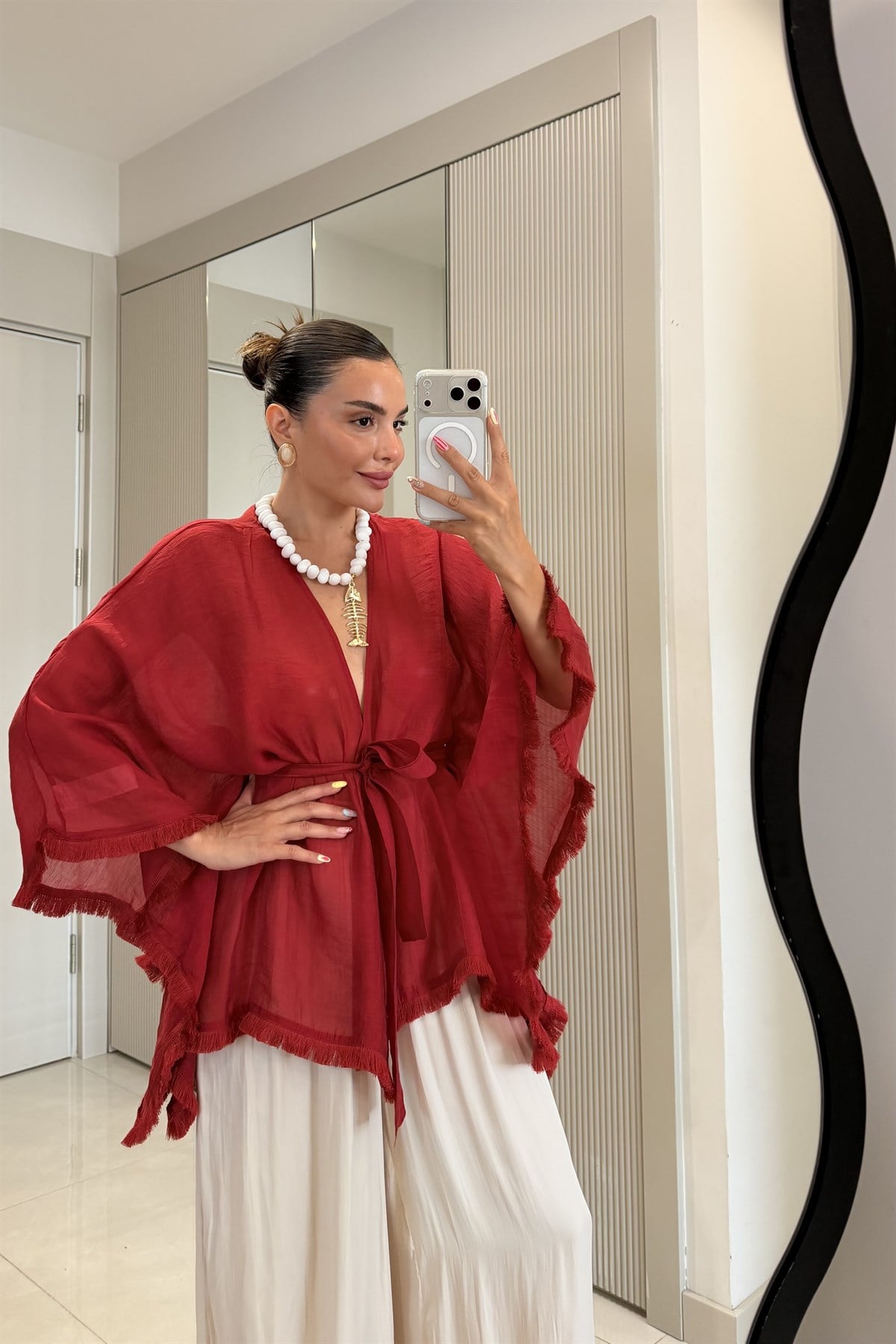 Kalie Kırmızı Kuşaklı Püsküllü Kimono Gömlek