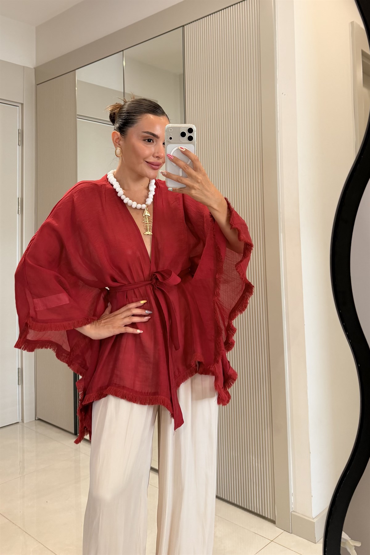 Kalie Kırmızı Kuşaklı Püsküllü Kimono Gömlek