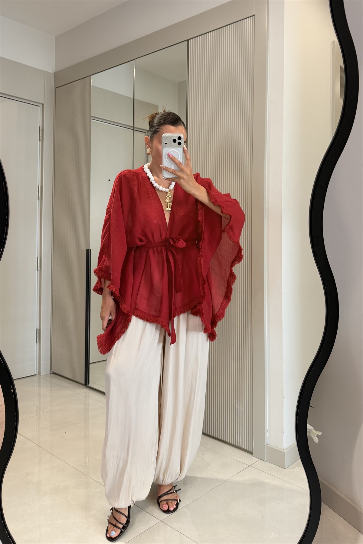 Kalie Kırmızı Kuşaklı Püsküllü Kimono Gömlek