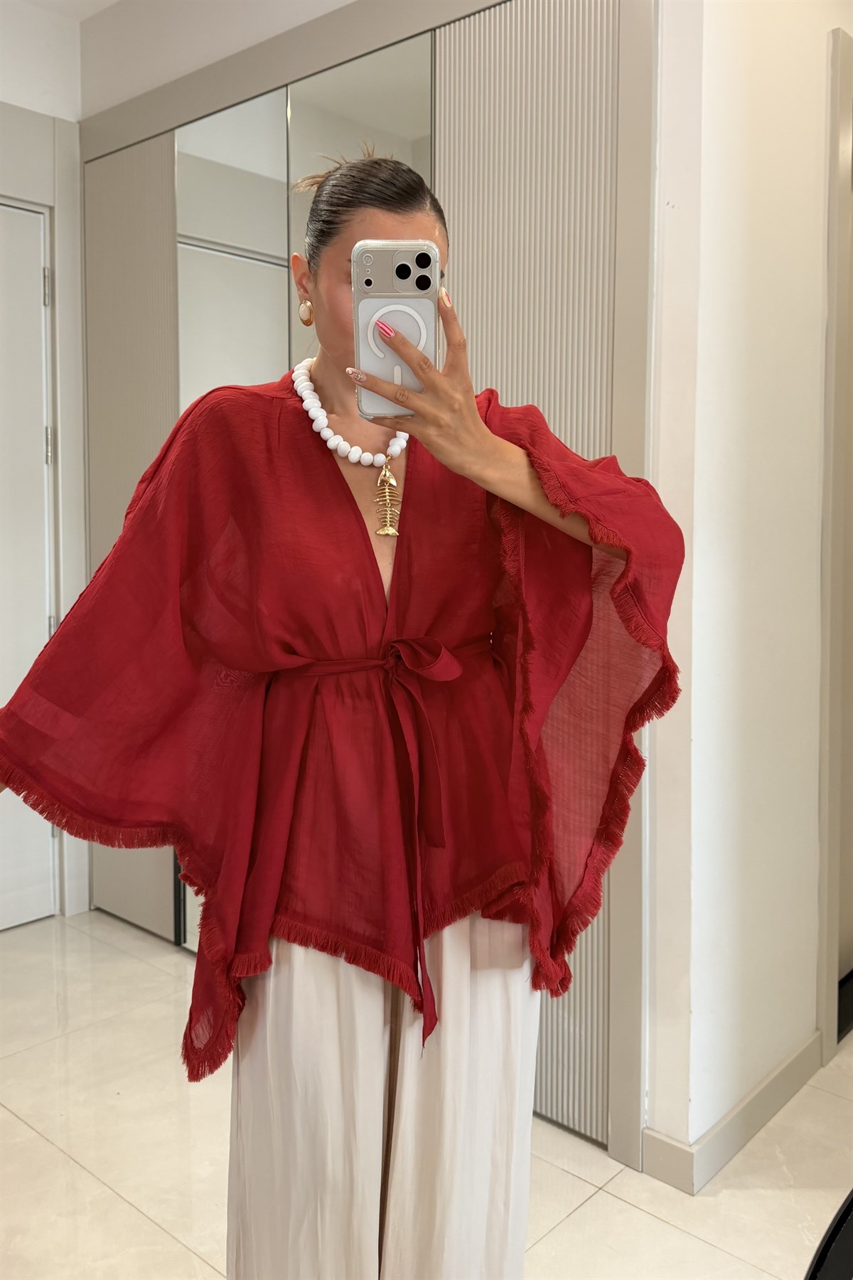 Kalie Kırmızı Kuşaklı Püsküllü Kimono Gömlek