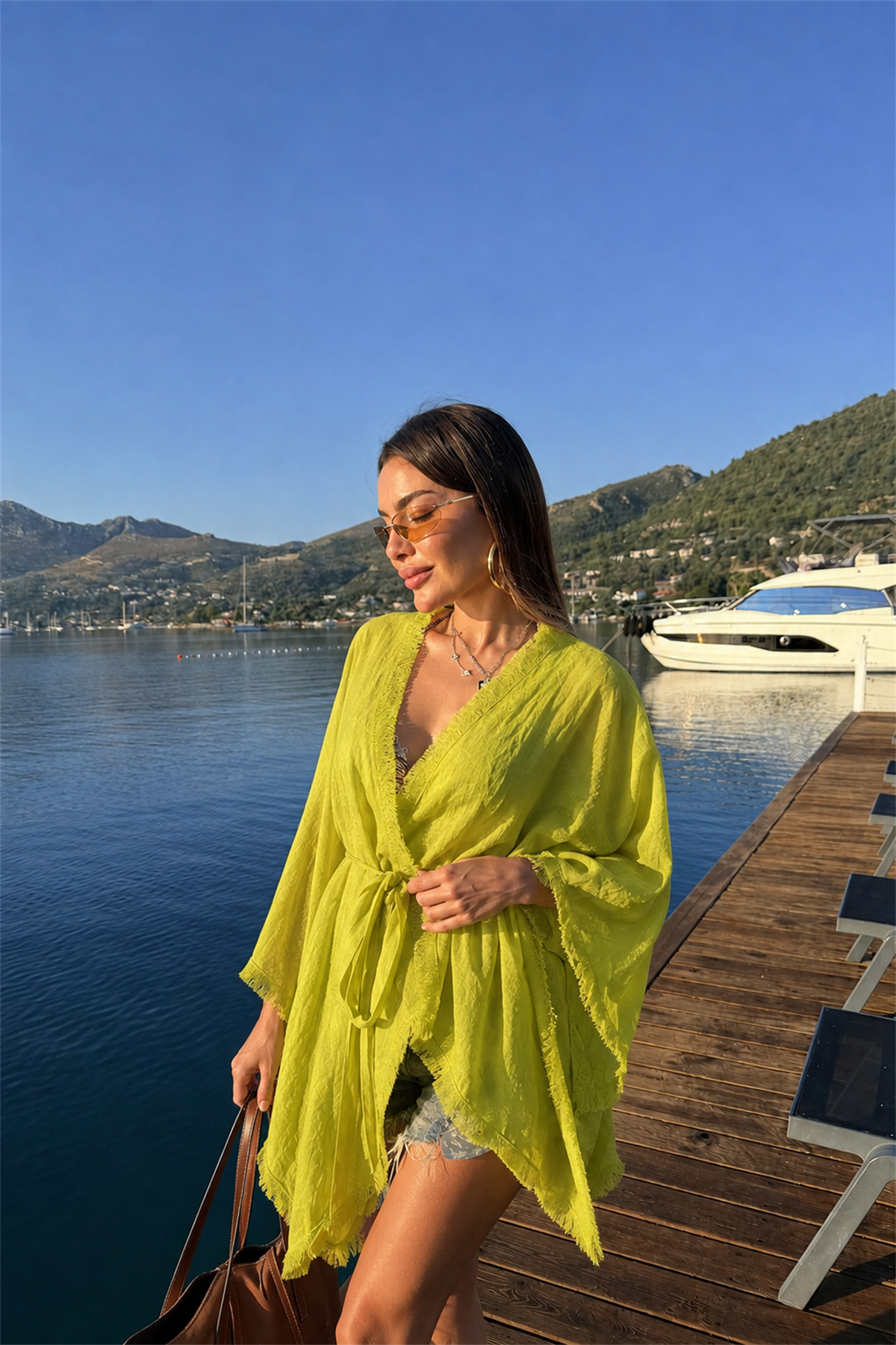 Kalie Yağ Yeşili  Kuşaklı Püsküllü Kimono Gömlek