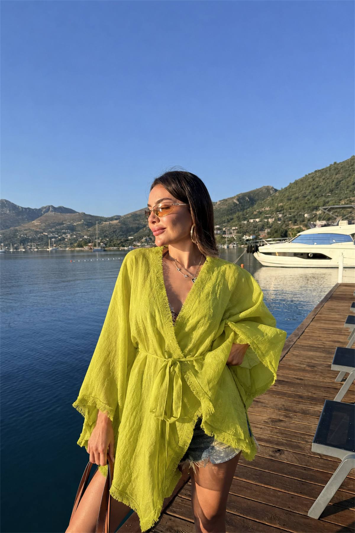 Kalie Yağ Yeşili  Kuşaklı Püsküllü Kimono Gömlek