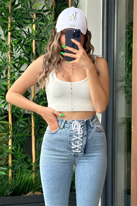 Kalın askılı havlu kumaş crop top - Krem