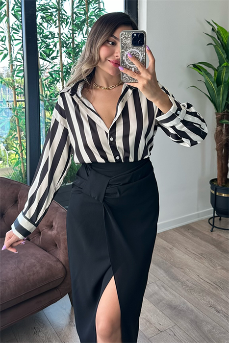 Kanye siyah çizgili saten gömlek