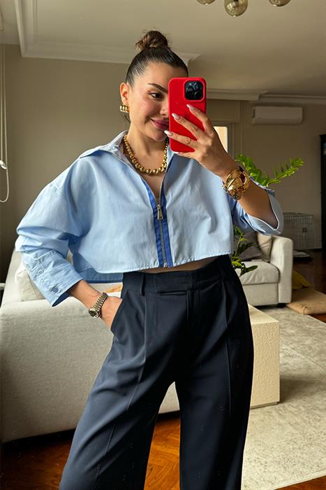 Karen Fermuarlı Tasarım Gömlek - Mavi