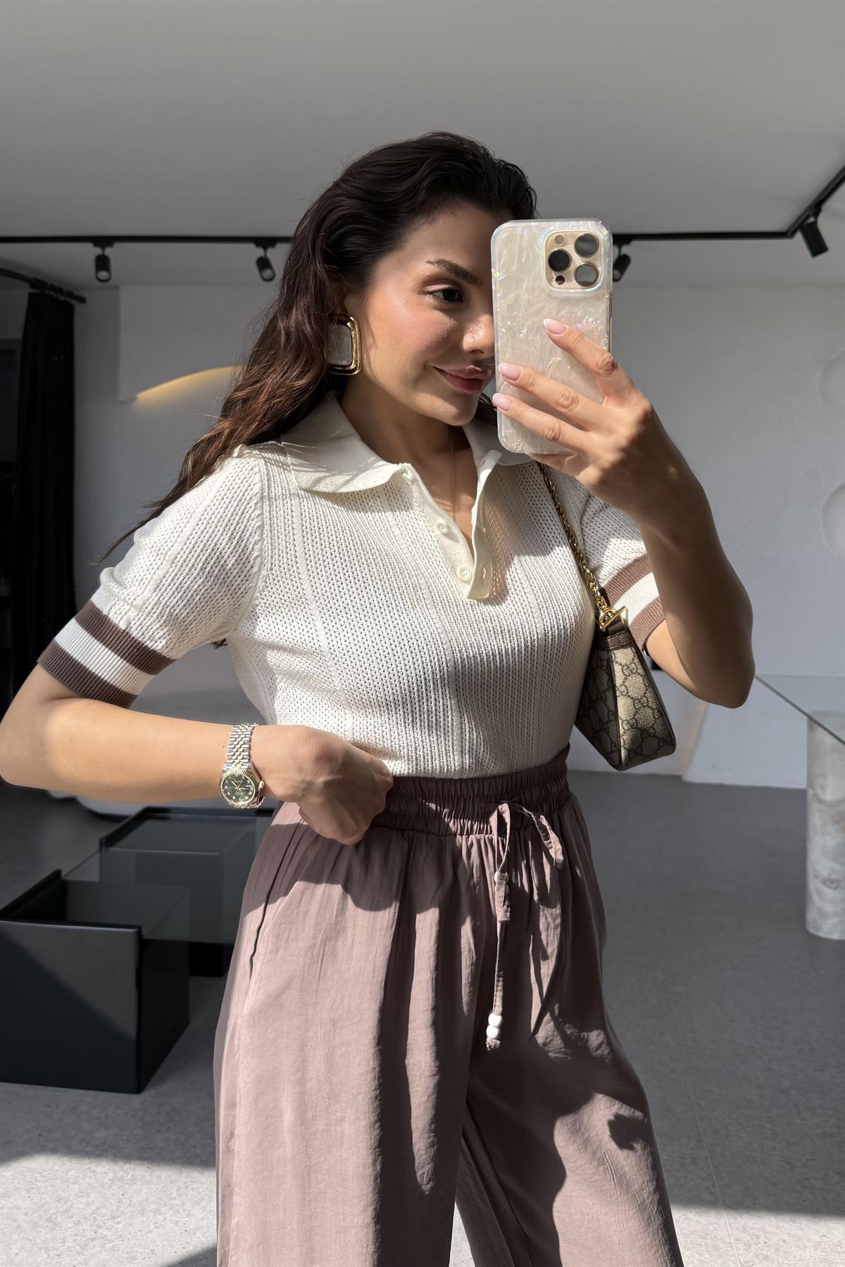 Karina Ekru Polo Yaka Merserize İnce Triko