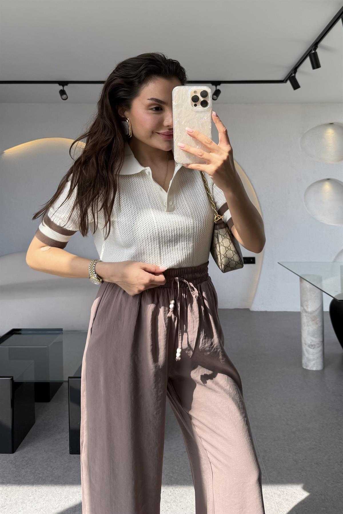 Karina Ekru Polo Yaka Merserize İnce Triko