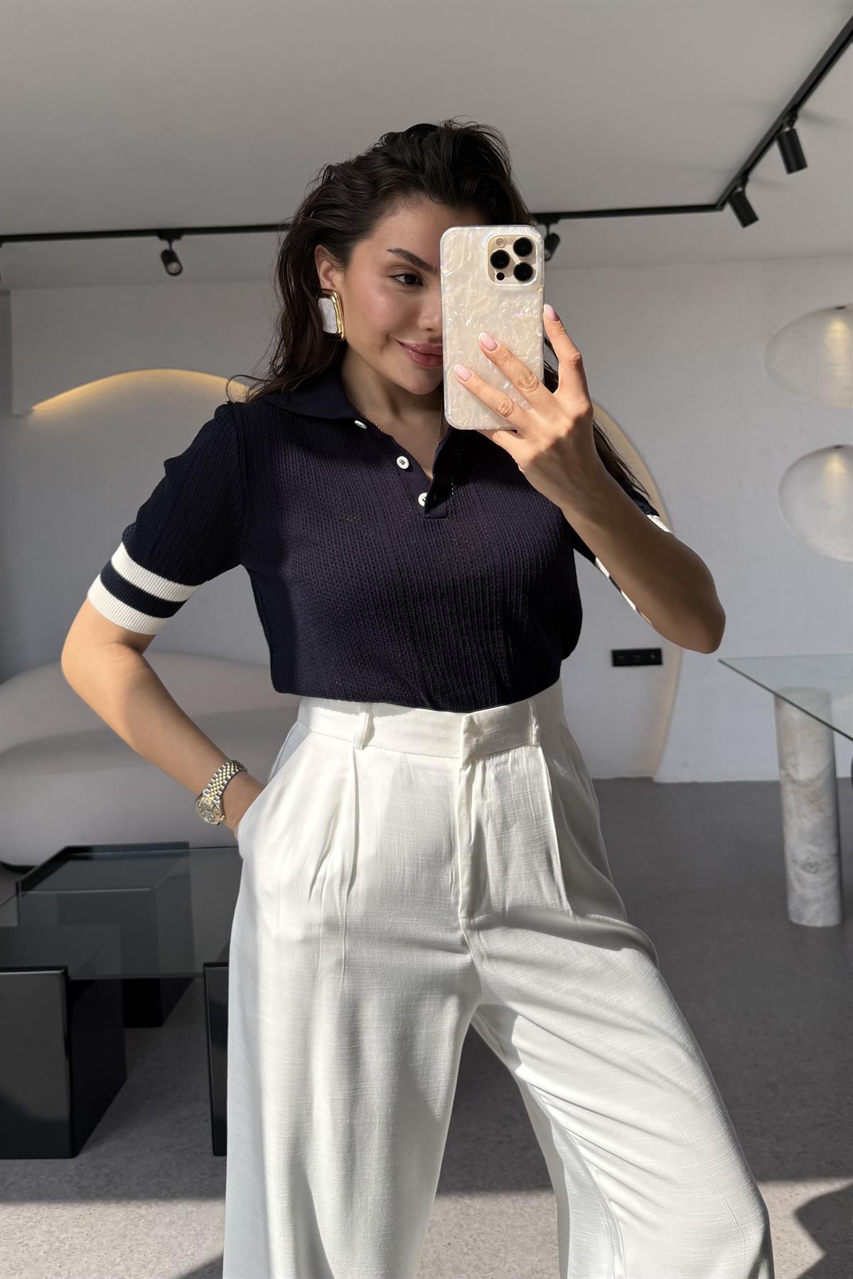 Karina Lacivert Polo Yaka Merserize  İnce Triko