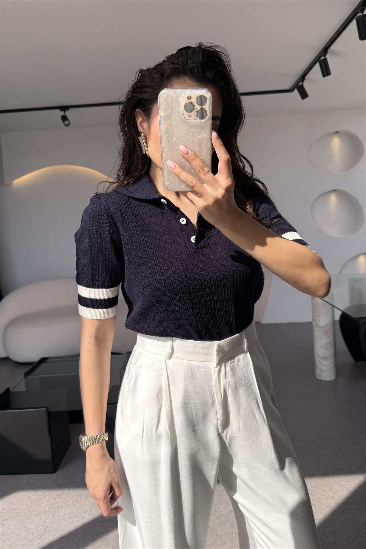 Karina Lacivert Polo Yaka Merserize  İnce Triko