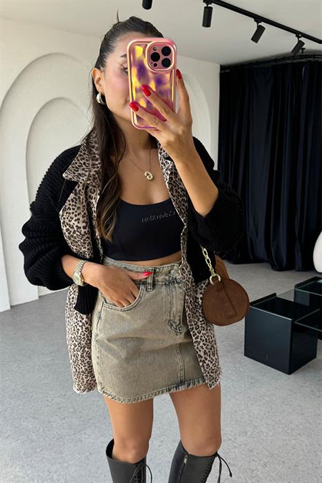 Katelyn Leopar Desen Siyah Örme Hırka