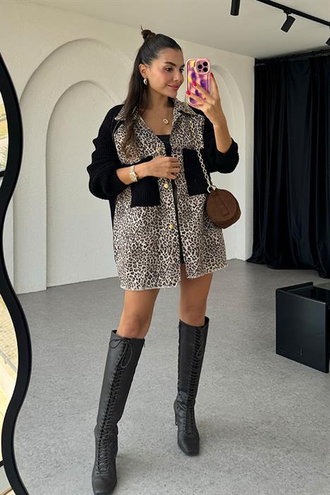 Katelyn Leopar Desen Siyah Örme Hırka