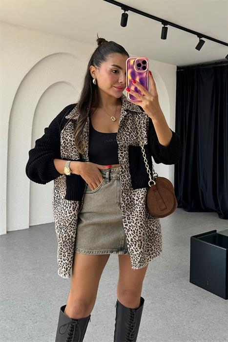 Katelyn Leopar Desen Siyah Örme Hırka